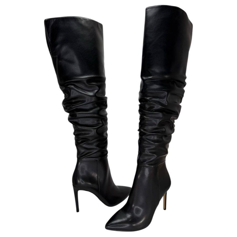 INC Iyonna Black Faux Leather Ruched Shaft OTK Heeled Womens Boots Size 8M - Picture 2 of 12